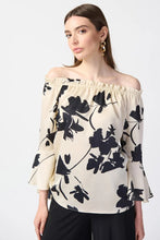 Load image into Gallery viewer, Joseph Ribkoff Floral Satin Off The Shoulder Top 241022 - Beige/Black