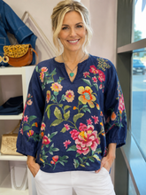 Load image into Gallery viewer, Johnny Was Split Neck Linen Miraze Blouse J10426-1 Blue