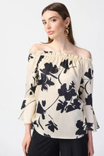 Load image into Gallery viewer, Joseph Ribkoff Beige/Black Floral Satin Off The Shoulder Top
