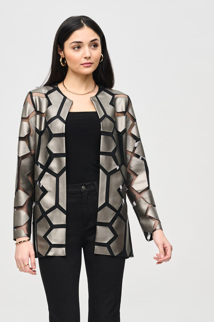 Joseph Ribkoff Laser-Cut Leatherette on Mesh Jacket - Gunmetal