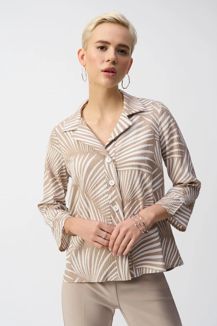 Joseph Ribkoff Seersucker Tropical Print Trapeze Jacket - Dune/White