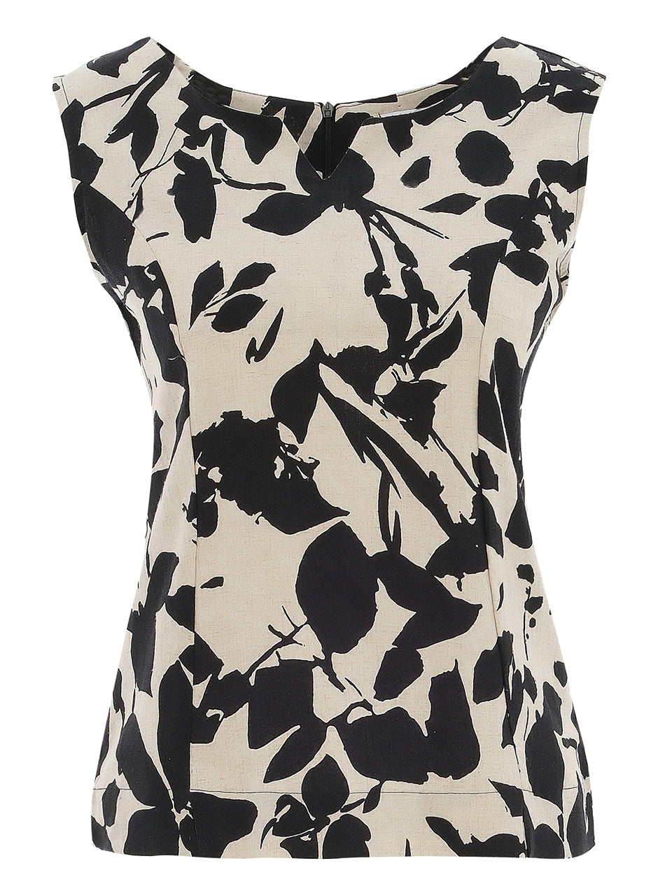 Dolcezza Linen Leaf Print Top 25140 - Beige Black