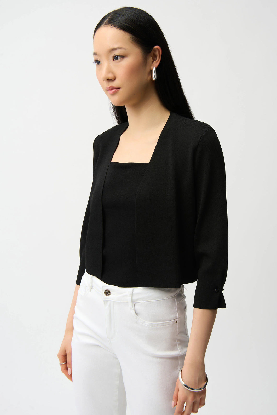 Joseph Ribkoff Knit Cover Up with Pearl Ornament - Black