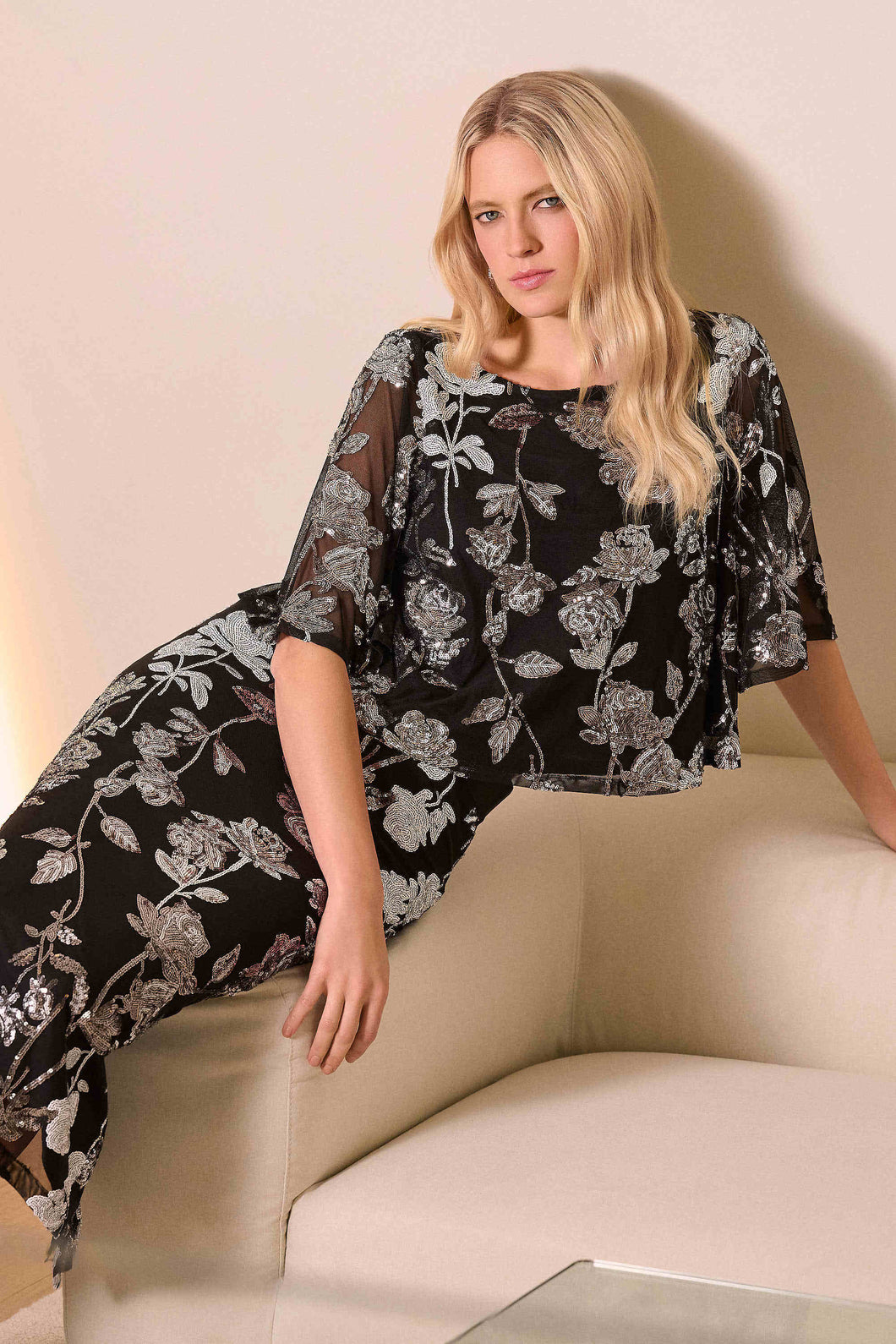 Joseph Ribkoff Sequin Embroidered Floral Print Boxy Top 254181