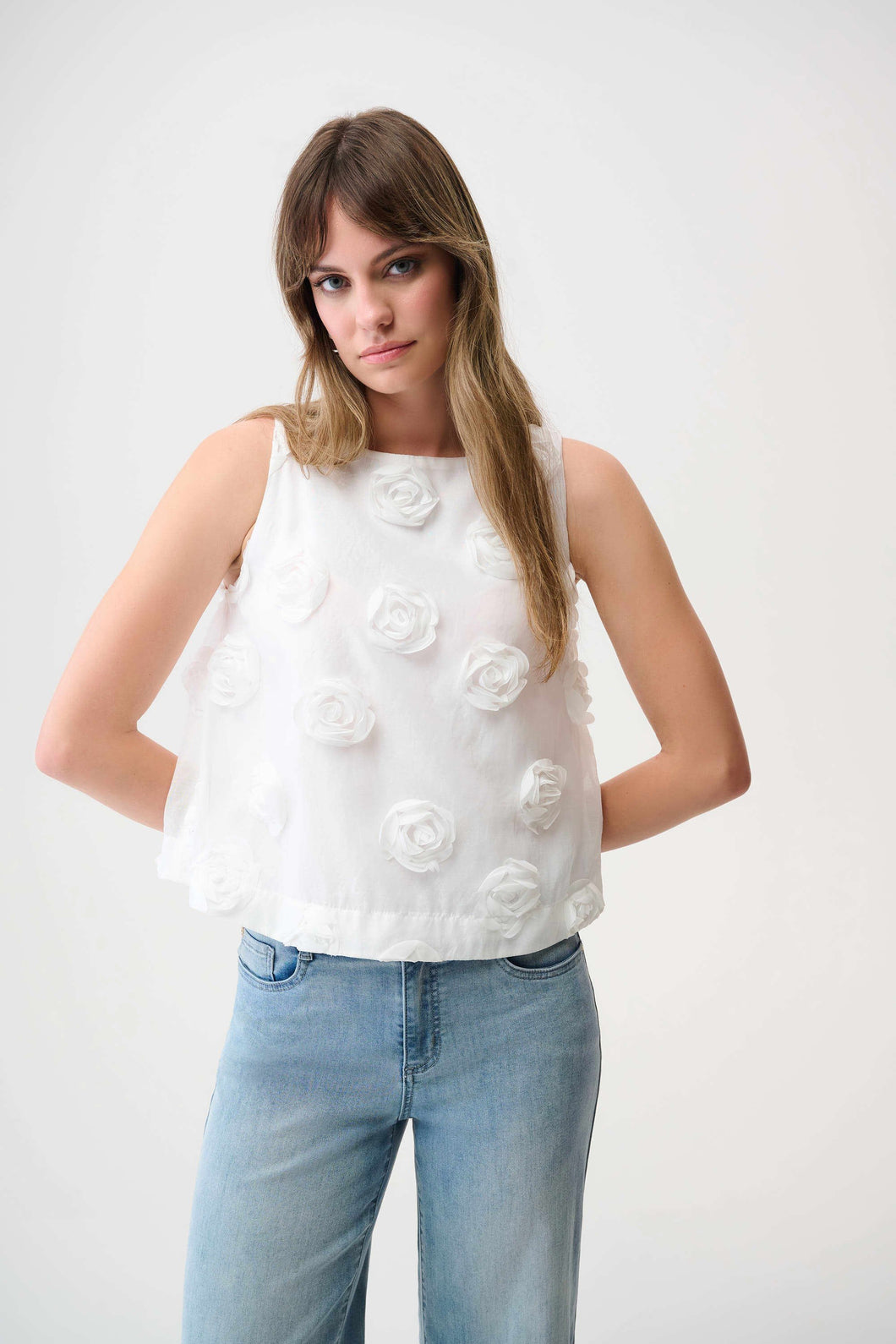 Joseph Ribkoff Sleeveless Top With 3D Floral Embroidery 261220 - White