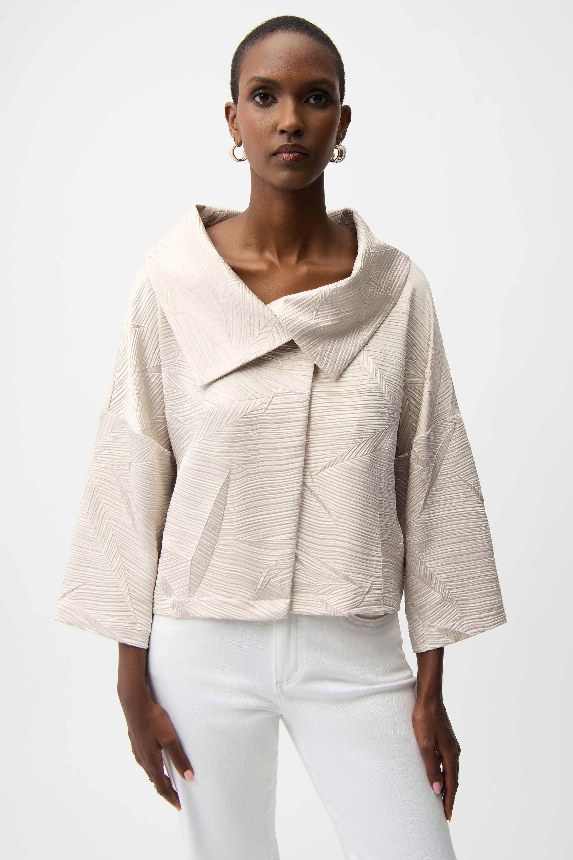 strapless open back dress Joseph Ribkoff Pleated Satin Boxy Jacket With Overlay Collar 261241