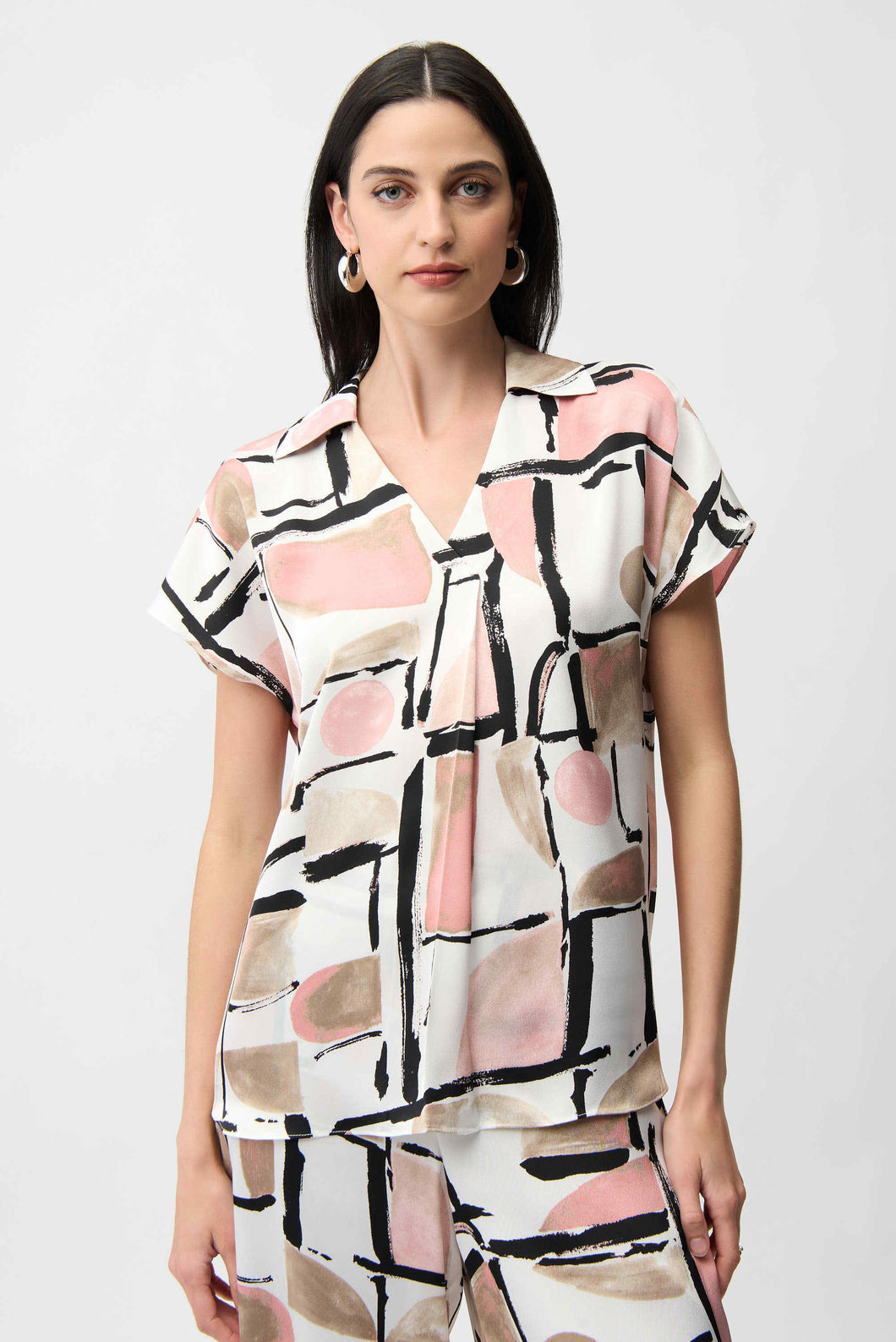 Joseph Ribkoff Satin Abstract Print Boxy Top With V-Neck 261308 - Multi