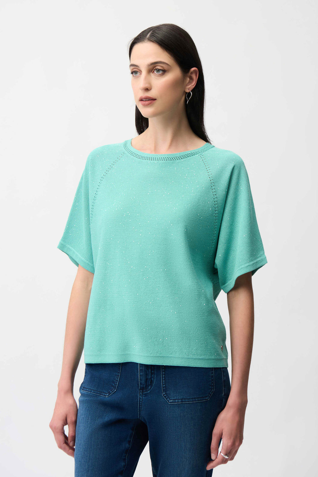 Joseph Ribkoff Sequins Yarn Short Sleeve Sweater 261917 - Seafoam