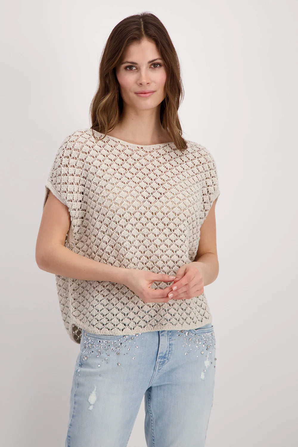 Monari Sweater Ajour And Jewellery Top - Light Sand