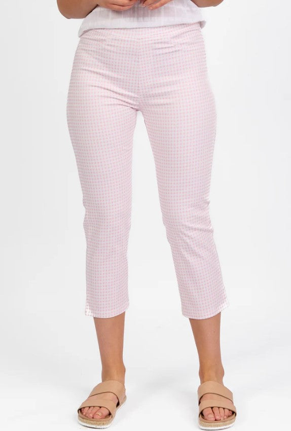 Vassalli Printed Skinny Leg 7/8 Lightweight Pull On - Pink Gingham