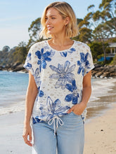 Load image into Gallery viewer, Evidence Denim Flower Drawstring Top 95253 - Blue/White

