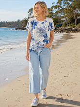 Load image into Gallery viewer, Evidence Denim Flower Drawstring Top 95253 - Blue/White
