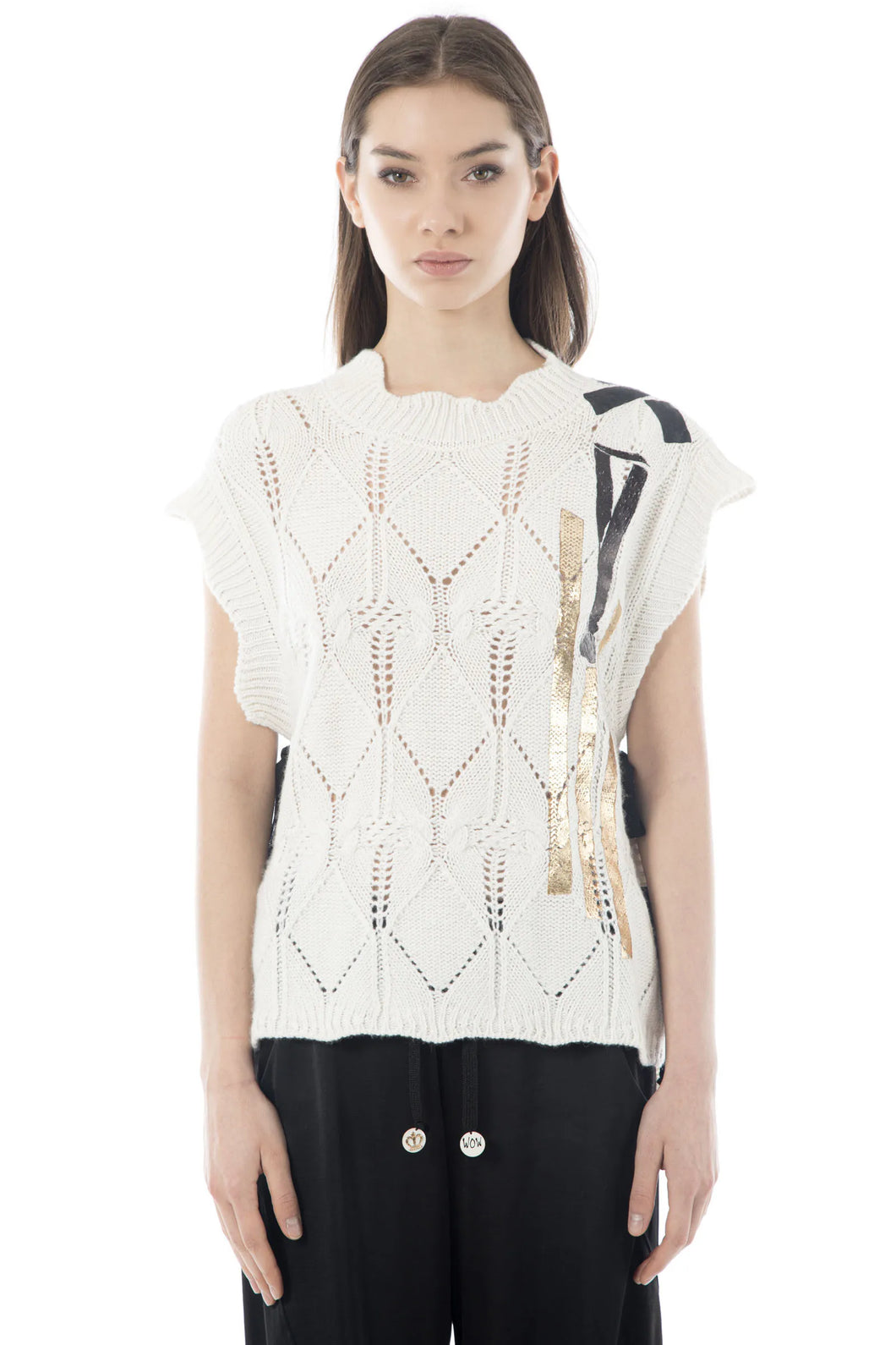 Elisa Cavaletti Perforated Creamy/Black Sleeveless Vest