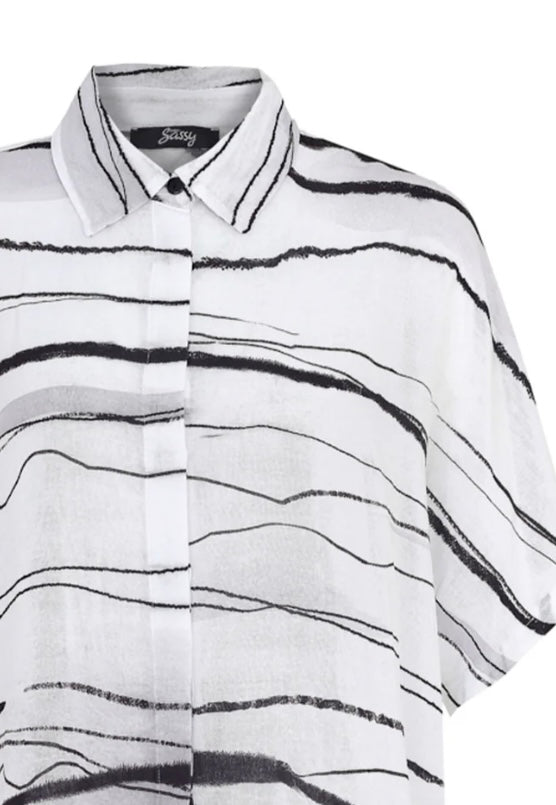 Ever Sassy Wavy Lines Blouse - White Black Grey