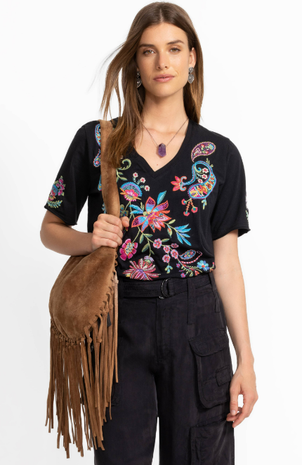 Johnny Was - Raw Hem V-neck Tee Karime - Black - J14425-6