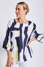 Load image into Gallery viewer, See Saw Linen 3/4 Sleeve Top with Feature Button - Navy/Pine Lime
