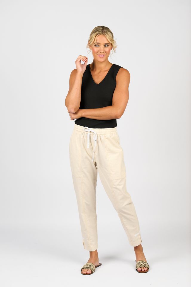 Vassalli - Relaxed Leg Ankle Grazer Pant With Contrast Trim Stitching -Natural- 5040