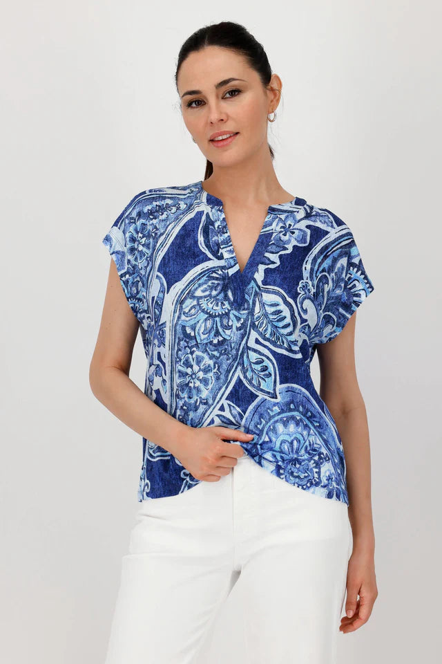 Monari V Neck Paisley Printed Tee 409756 - Navy