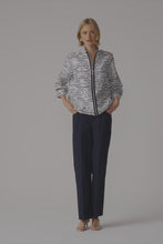Load and play video in Gallery viewer, Joseph Ribkoff Jacquard Organza Stripe Bomber Jacket 261094 - Navy Off White
