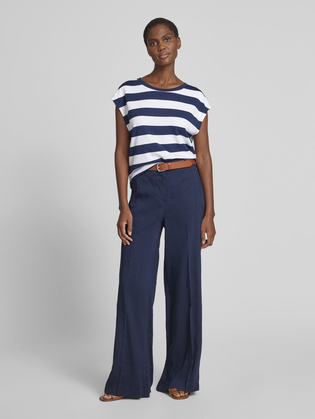 Monari Boat Neck Stripe Top 409987 - Navy White Stripe