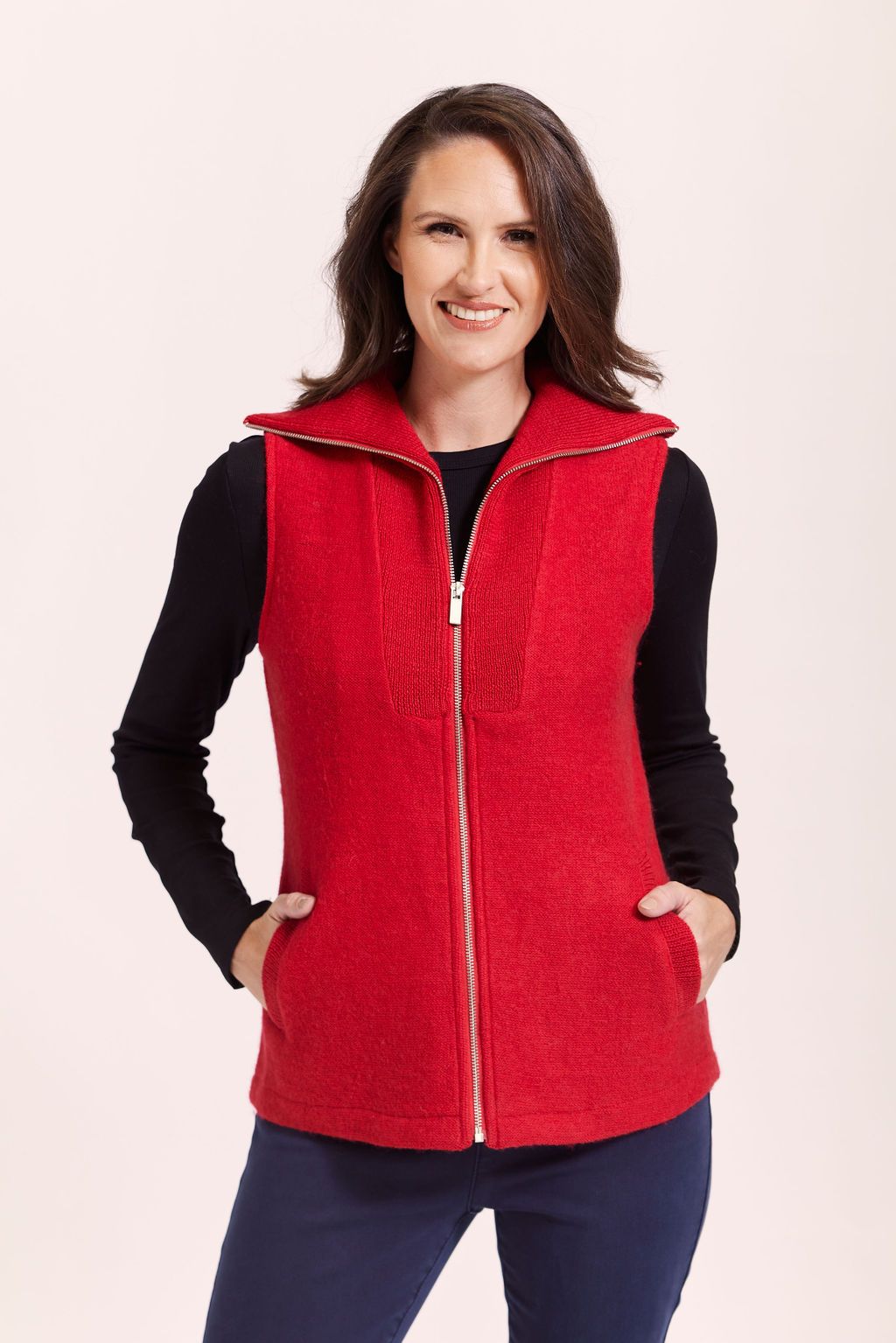 See Saw Boiled Wool Rib Collar Zip Front Vest - Red